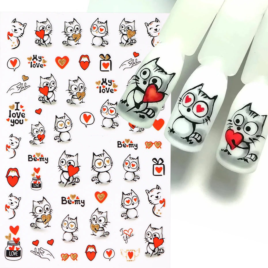 Stickers Ongle Motifs Chatons Blancs, Coeurs et Cadeaux