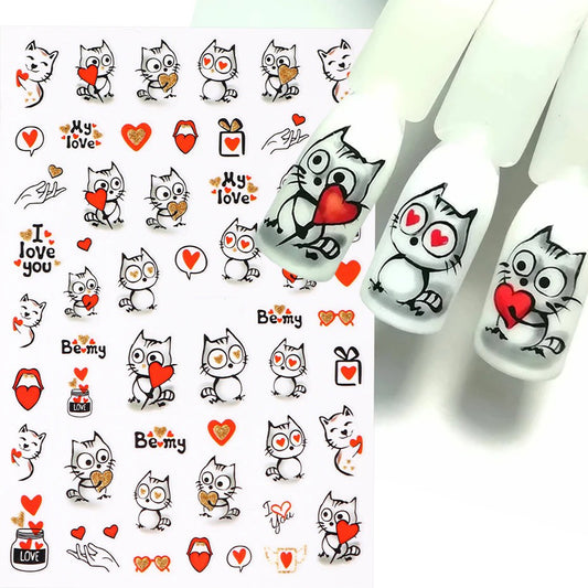 Stickers Ongle Motifs Chatons Blancs, Coeurs et Cadeaux