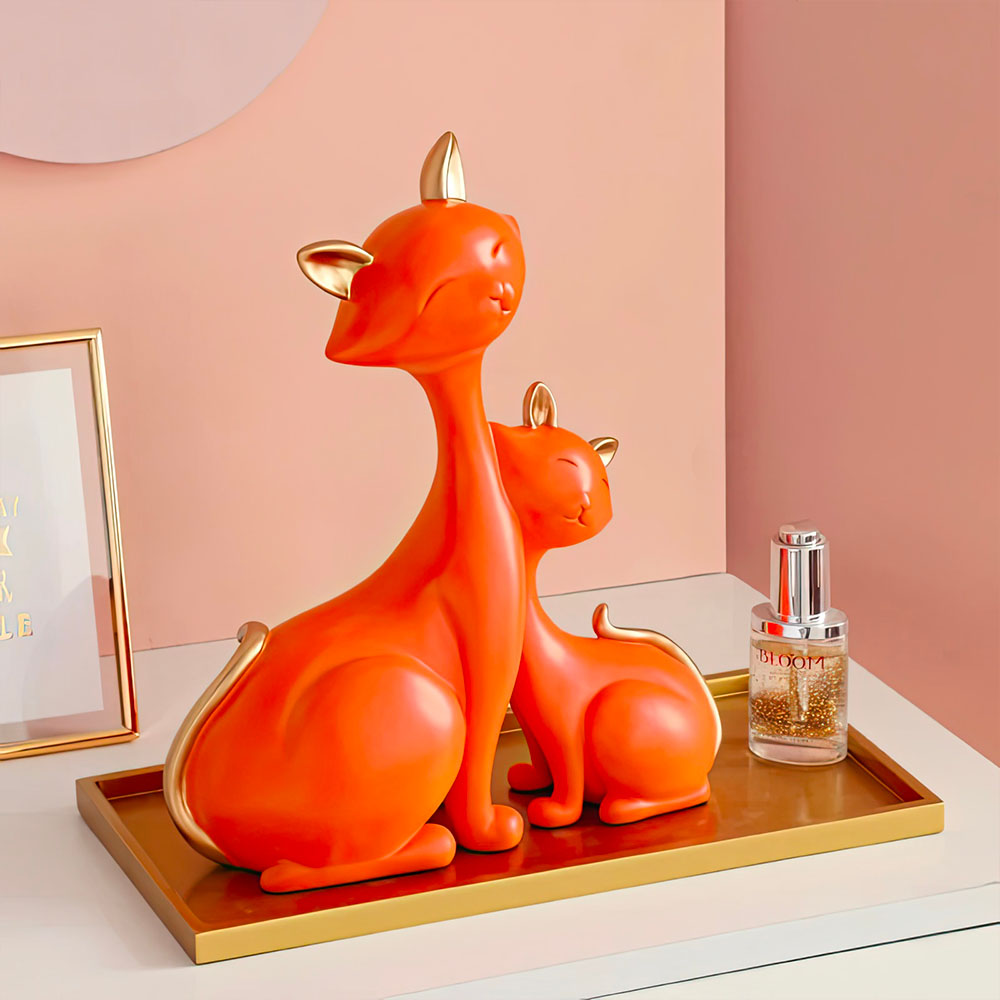 Grande Statue Chatte et son Petit Orange Rehaussée de Doré en Résine