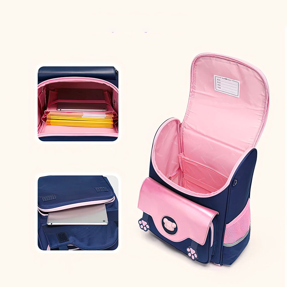 Cartable Fille Grande Capacité Rose et Bleu Motif Chaton et Patte de Chat
