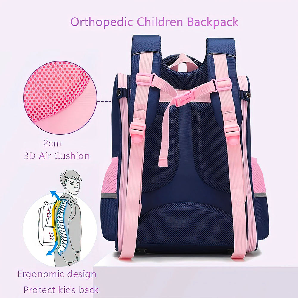 Sac à Dos Fillette Rose Bleu Ergonomique Coussins d'Air Motif Chat