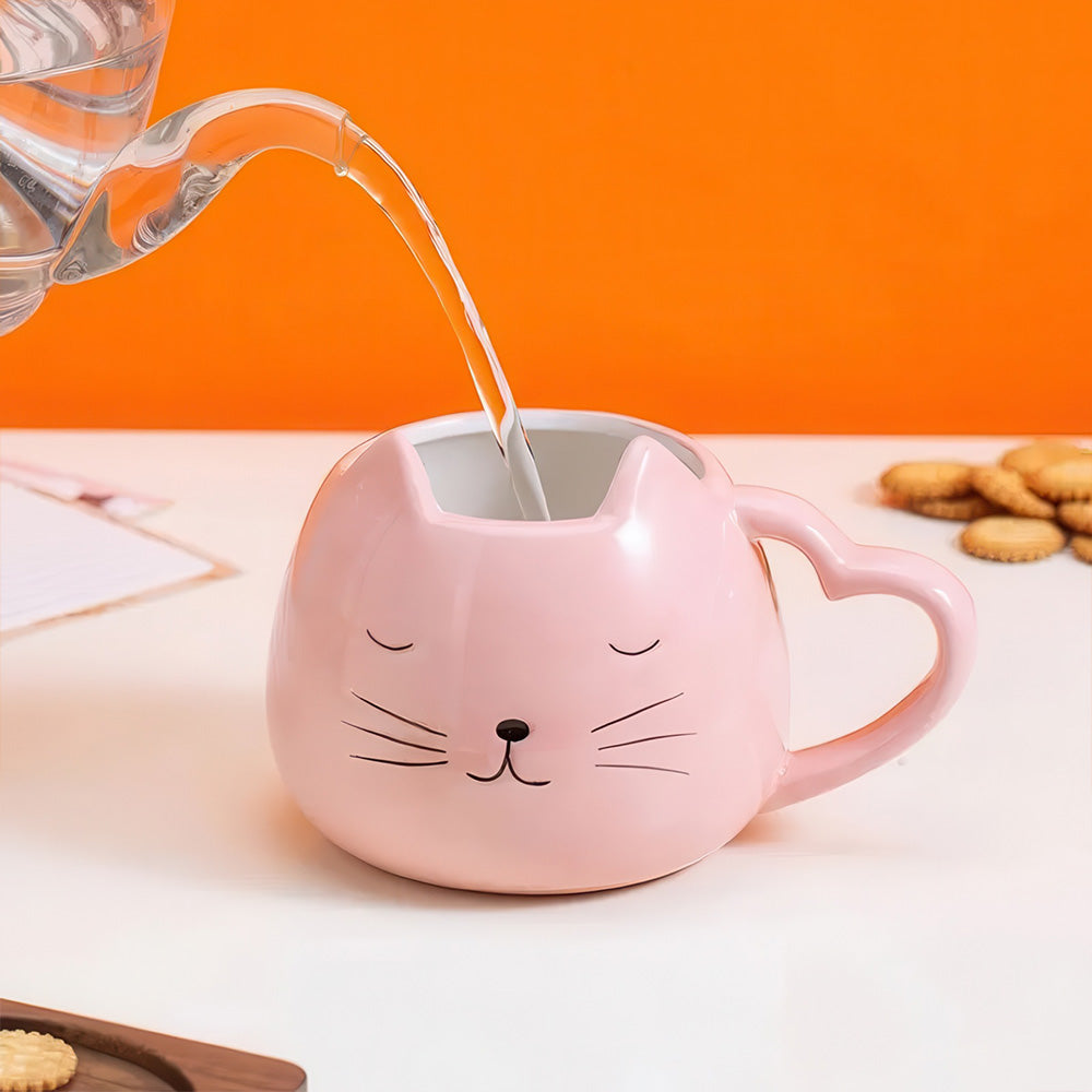 Chaton Mignon Style Minimaliste Peint sur Mug Rose Anse en Coeur