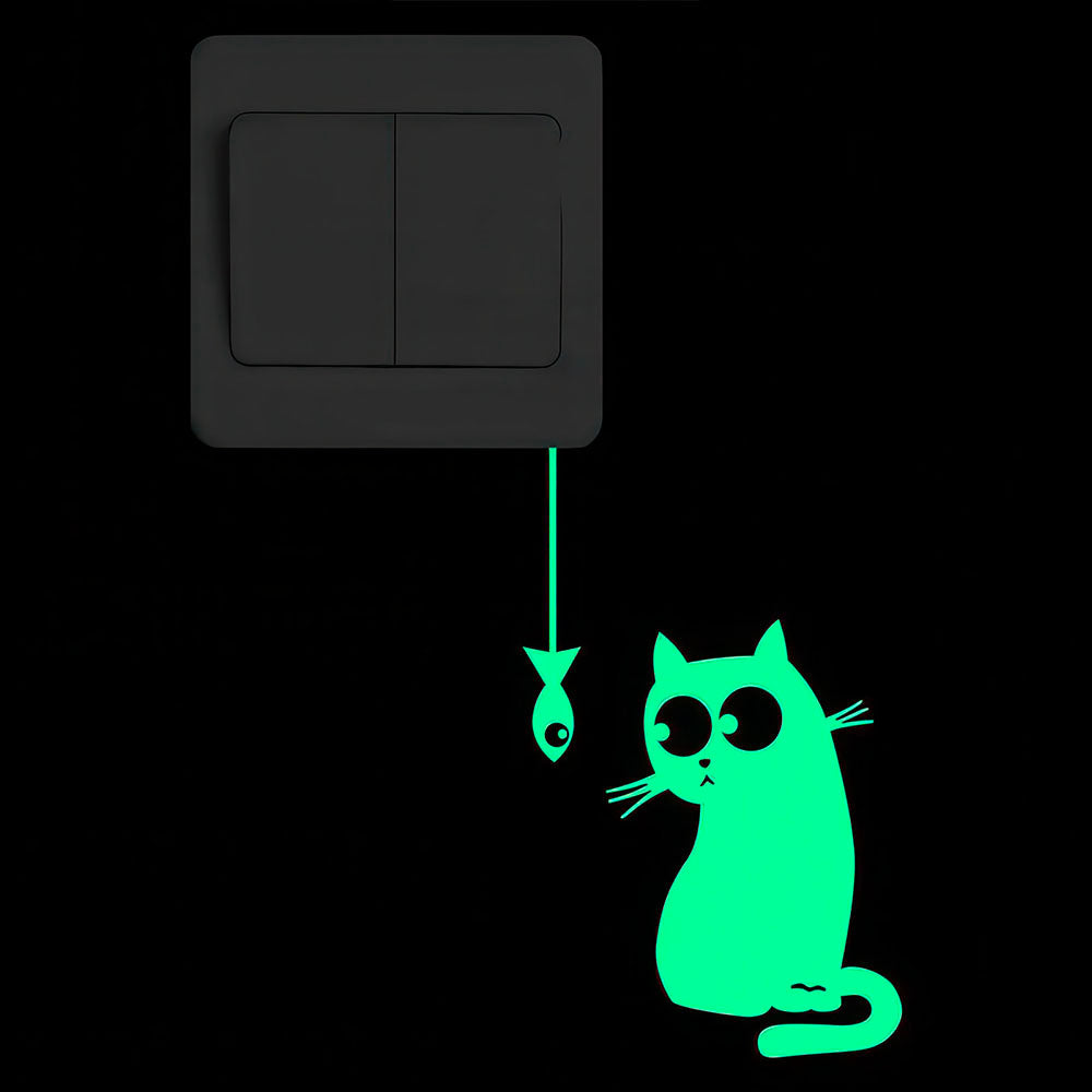 Petit Autocollant Chat Mignon et Poisson Pendu à un Fil Fluorescent