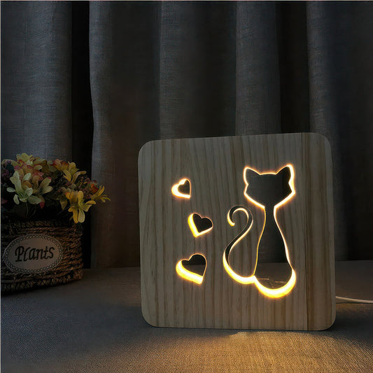 Chat avec Coeurs Lampe Bois Design