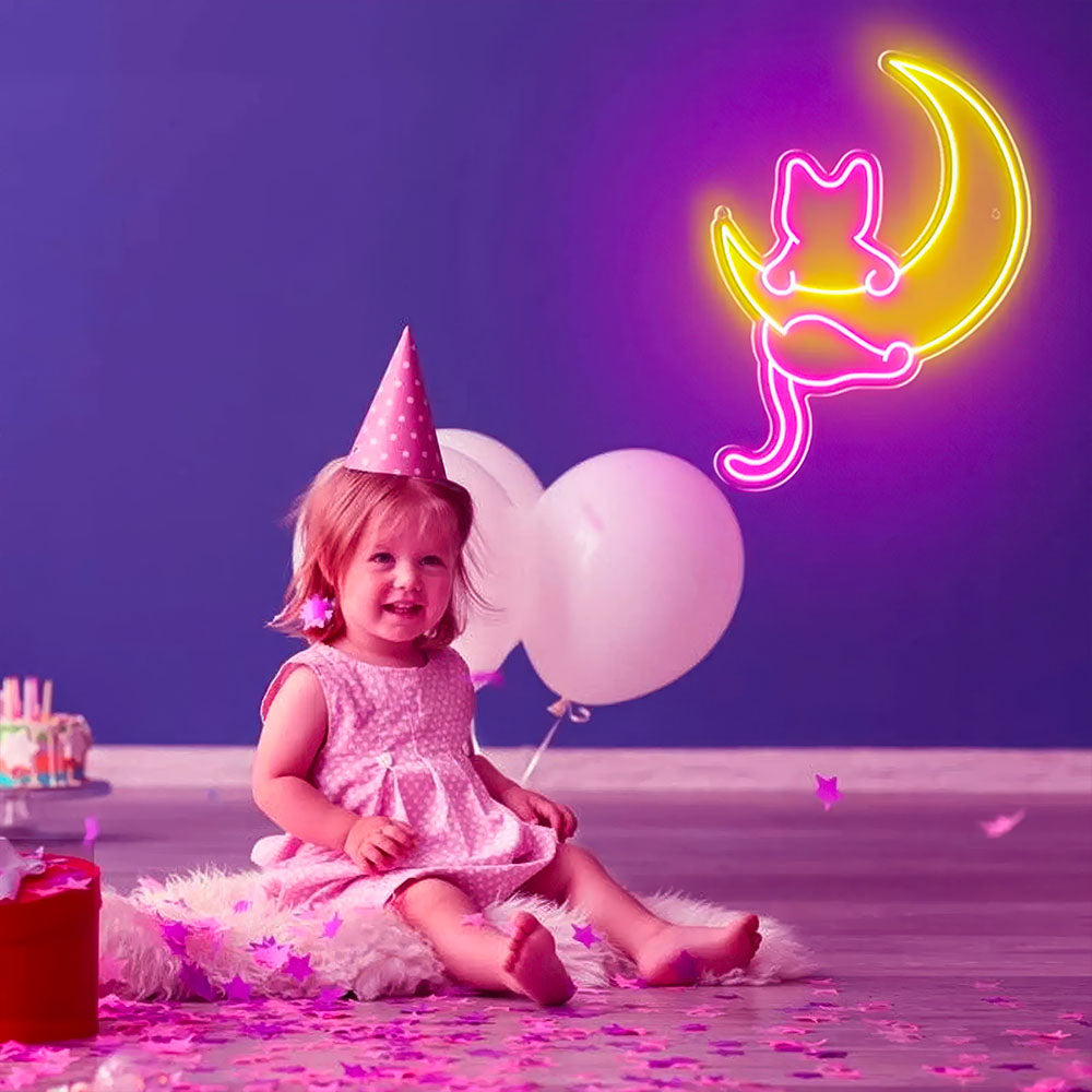 Chat Rose sur la Lune Lampe Veilleuse Led