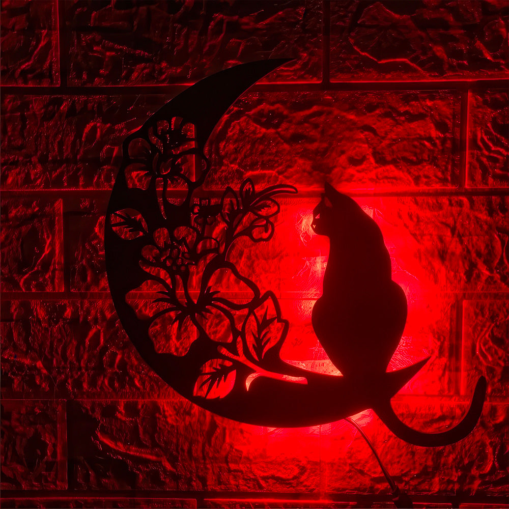 Lampe Led Multicolore Chat sur Lune en Bois de Tilleul Couleur Rouge