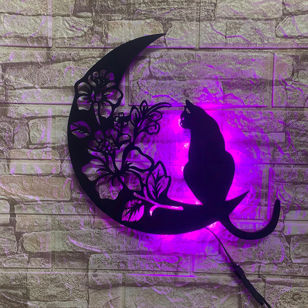 Chat Sur Lune Avec Décor Fleur de Tilleul Lampe Led Couleur Violet
