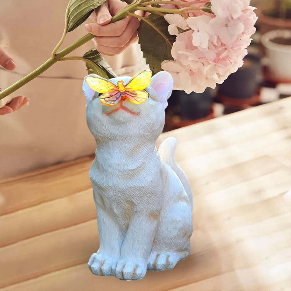 Lampe Solaire Extérieur Chaton Blanc  et Papillon sur son Nez