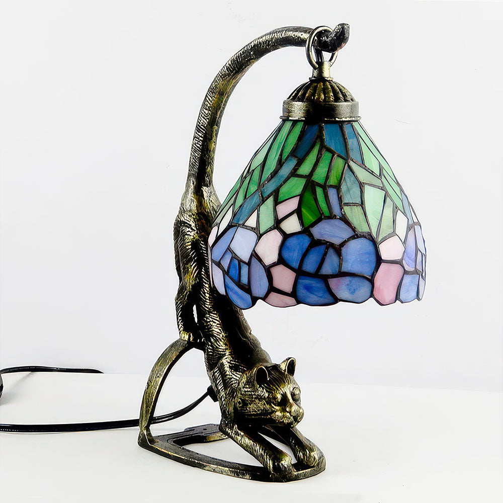 Lampe Chat en Résine et Abat Jour en Vitrail Conception Artisanale