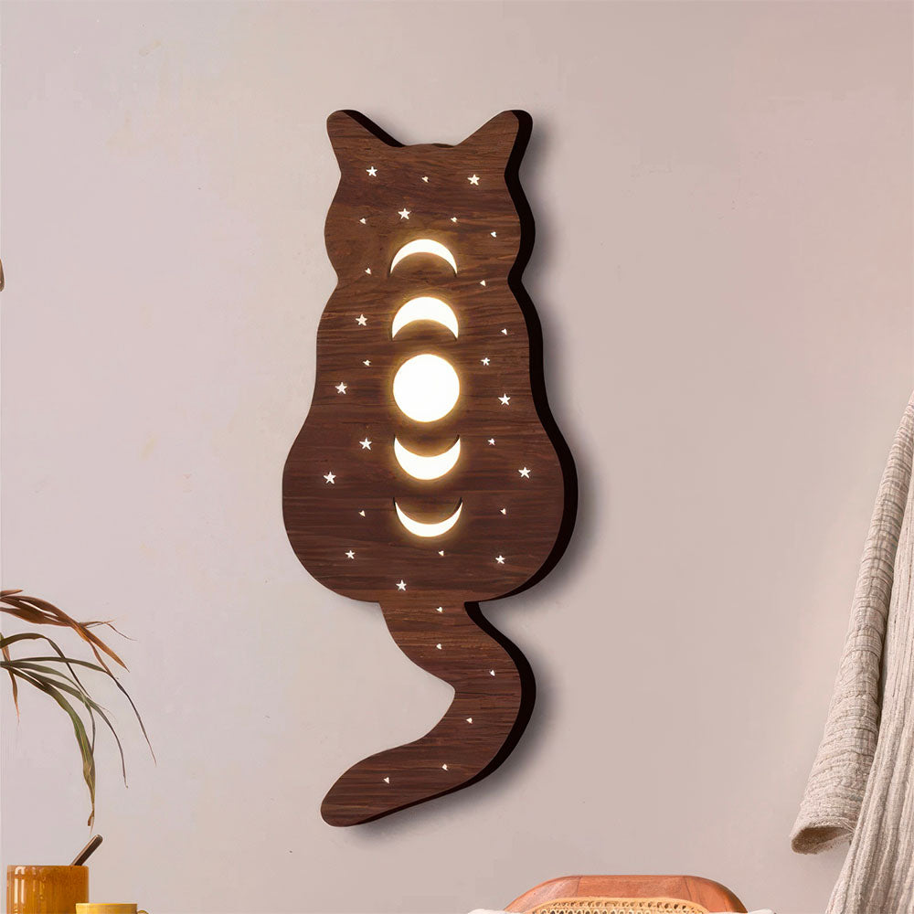 Lampe Chat Mignonne en Bois Foncé et Verni Applique Murale