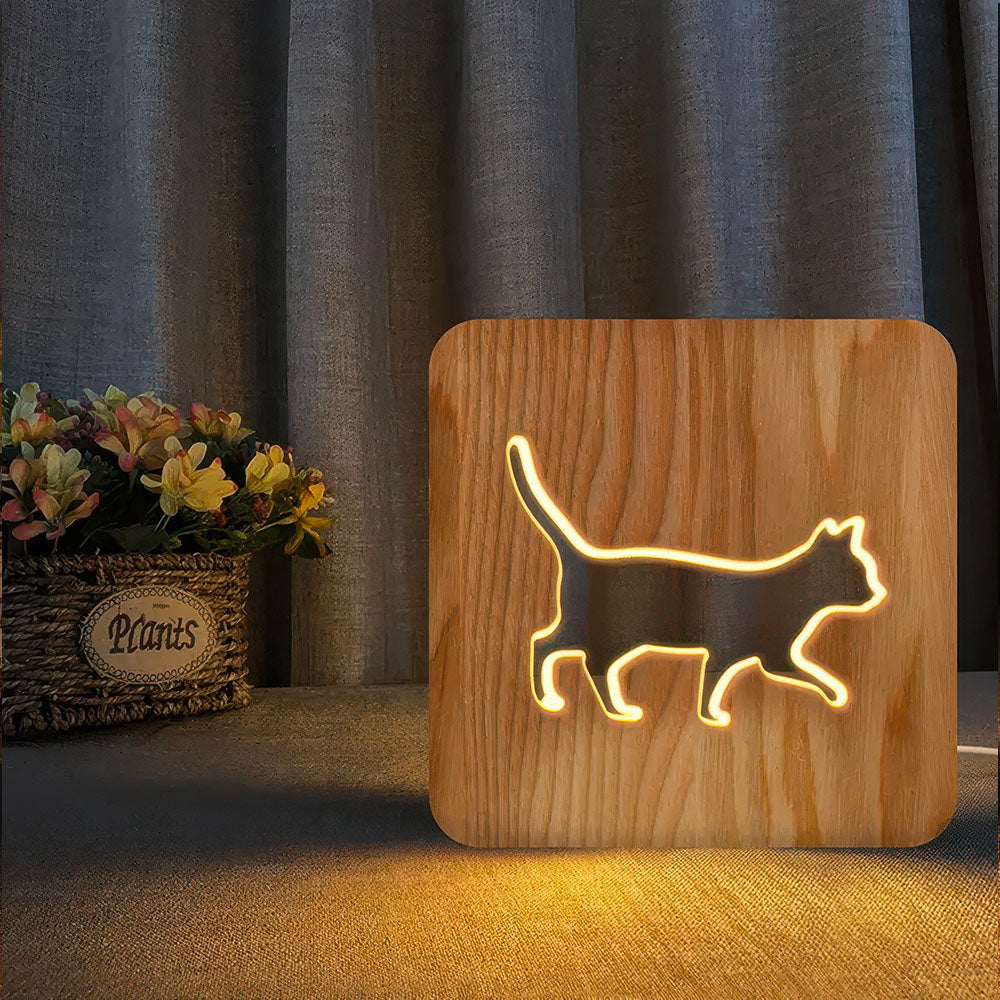 Chat qui Marche Lampe en Bois Design