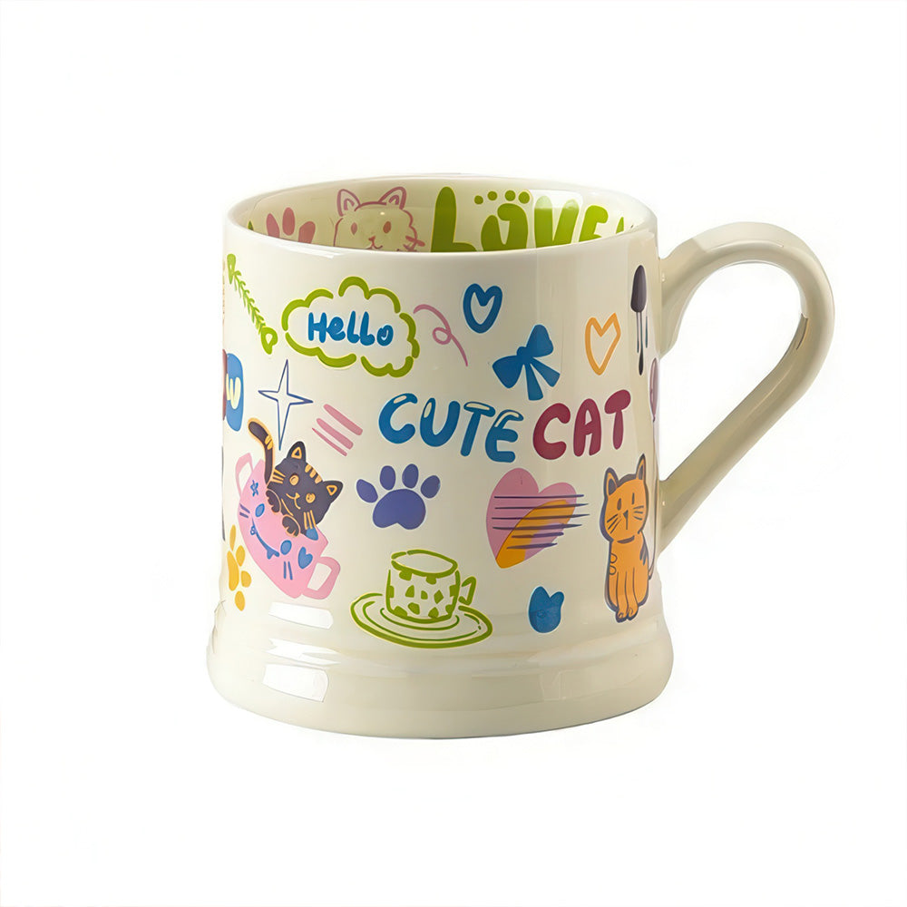 Tasse Graffitis Chat Mignon Coloré en Céramique Blanche