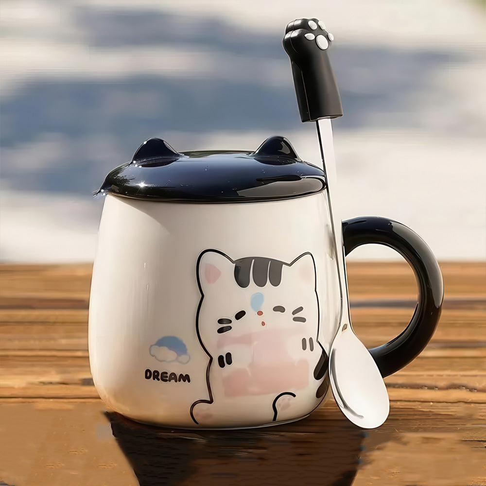 Tasse en Céramique Motif Chat Oreille sur Couvercle et Cuillère Patte de Chat