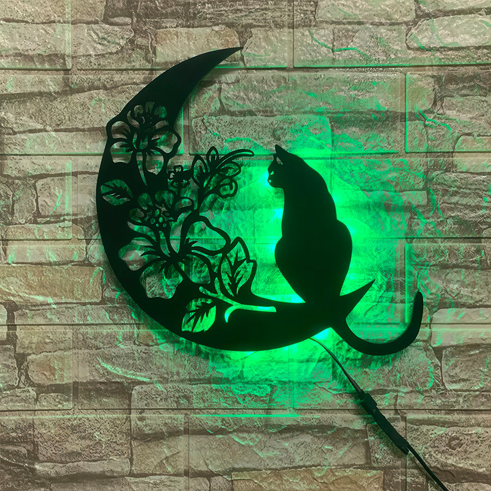 Lampe Noire avec un Chat sur une Lune en Bois de Tilleul et Décor Tilleul