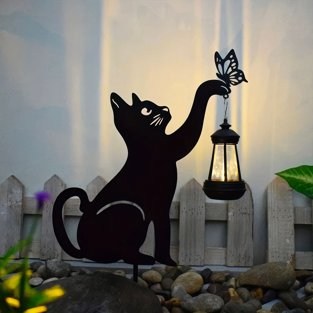 Lampe Noire Solaire Métal Chat et Papillon pour Jardin