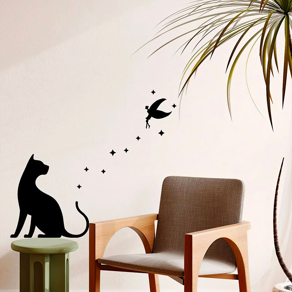 Chaton Mignon qui Regarde Oiseaux dans le Ciel Autocollants Noirs