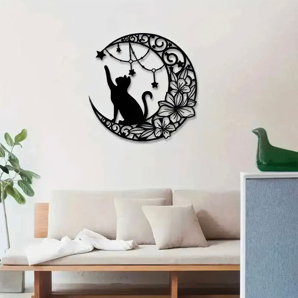 Décoration Murale en Métal Chat Noir sur la Lune qui Attrape les Etoiles