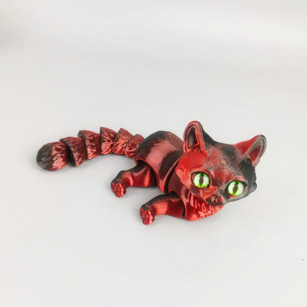 Petite Figurine Kawaii Articulée Chat Rouge Yeux Verts, en Plastique