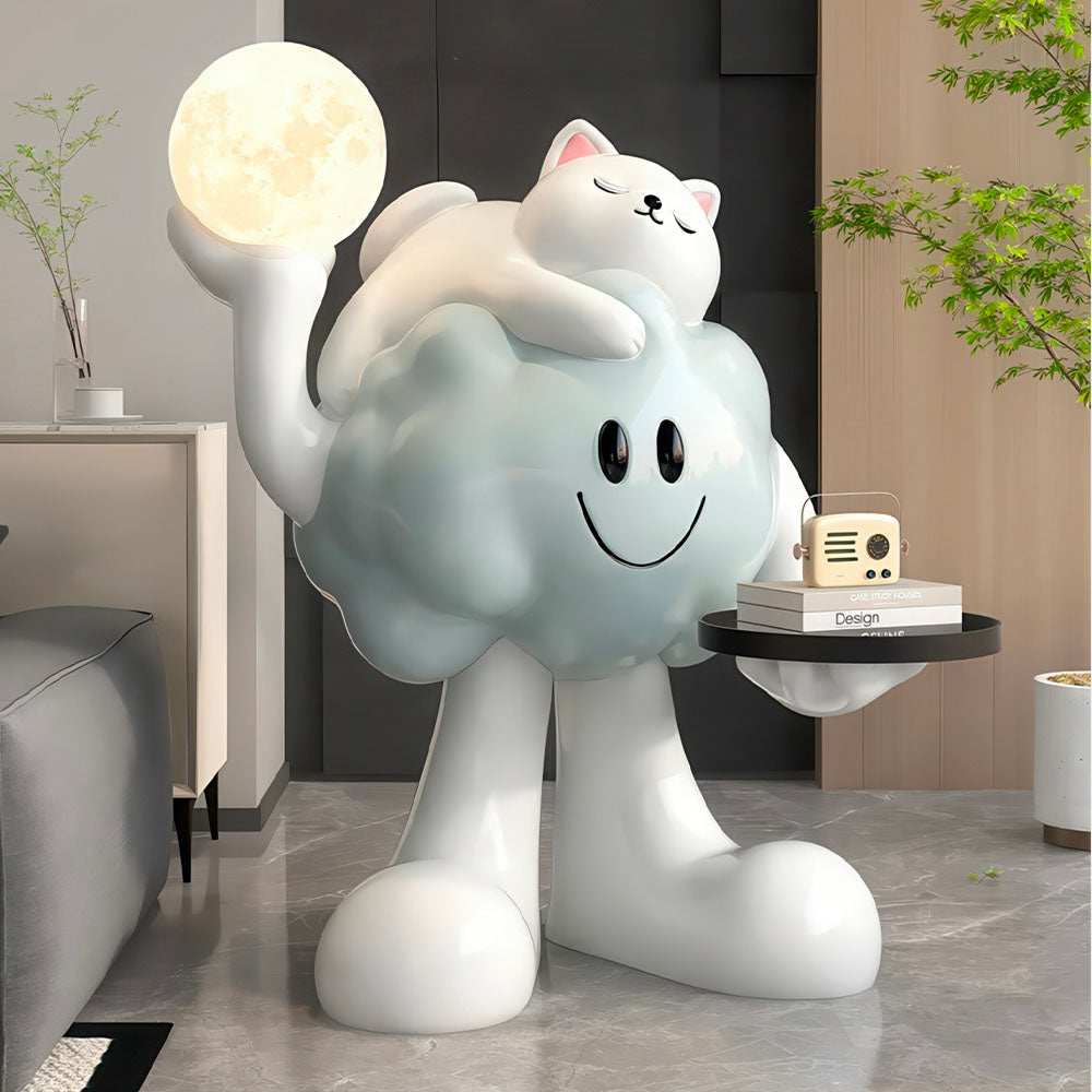 Chaton Mignon Adossé à un Grand Nuage sur pied Lampe Led Résine