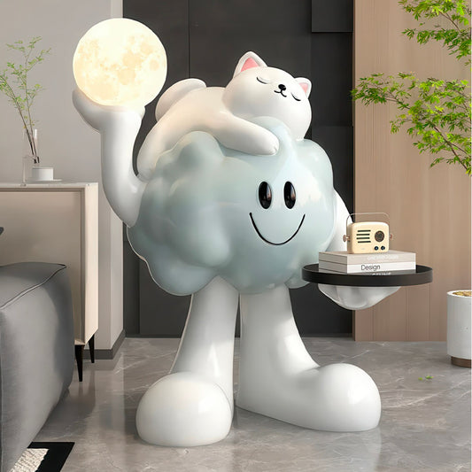 Chaton Mignon Adossé à un Grand Nuage sur pied Lampe Led Résine