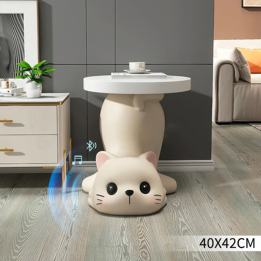 Chat Beige en Résine avec Plateau de Rangement Statue Audio