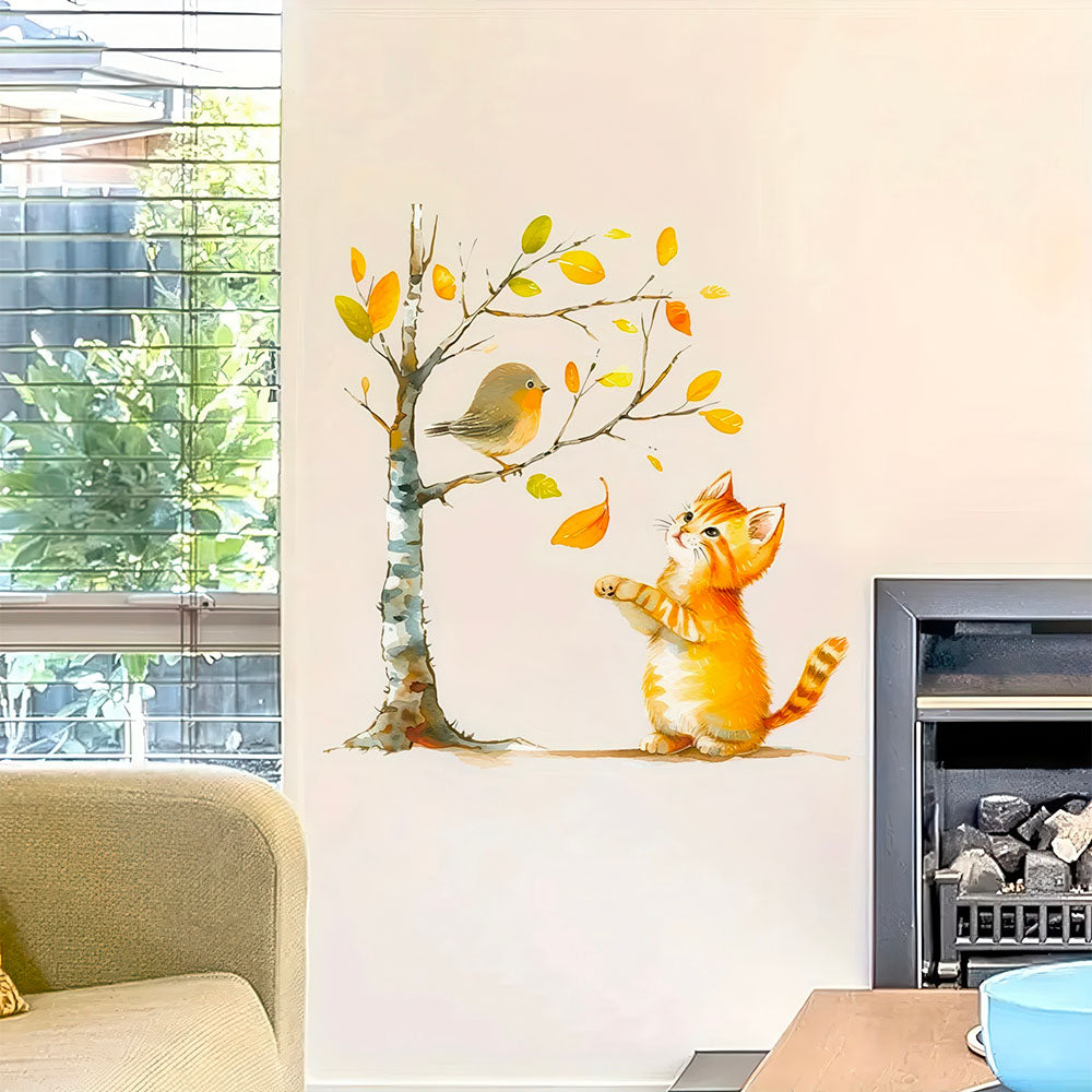Autocollant Chaton en Automne et Oiseau Perché dans un Arbre