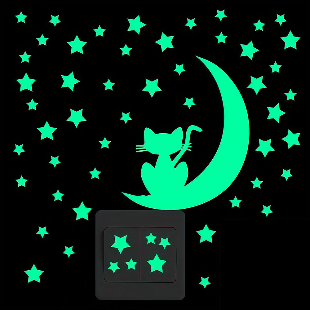 Une Multitude d'Etoiles et un Chat sur la Lune Stickers Fluo
