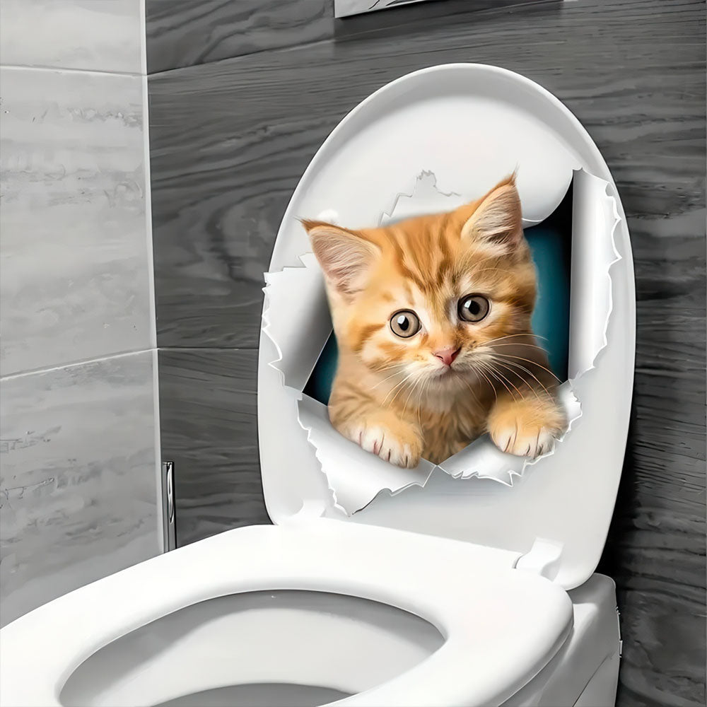 Chaton Mignon Sortant de l'Abattant WC Autocollant 3D