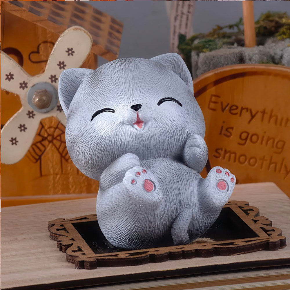 Figurine Chat Résine, Peint à la Main Gris et Rose