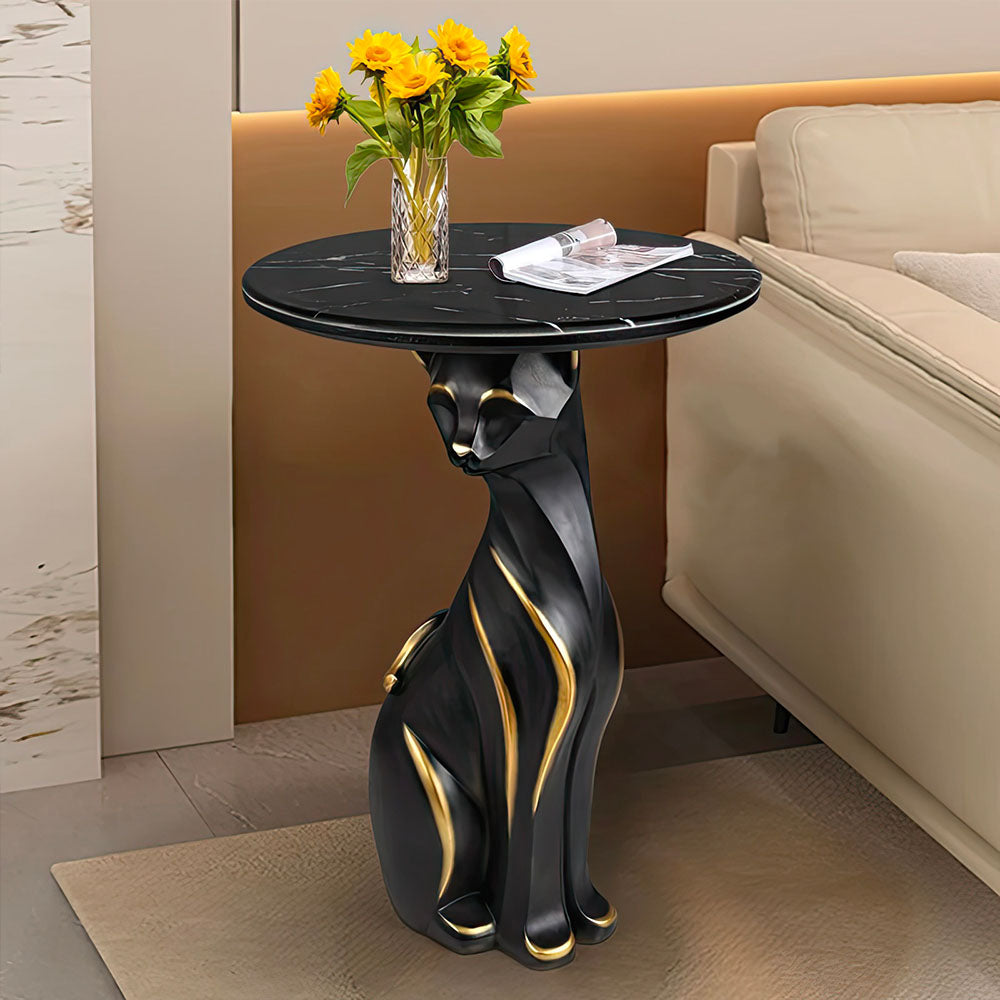 Elégante Statue Chat Noir Table d'Appoint Plateau Noir Marbré