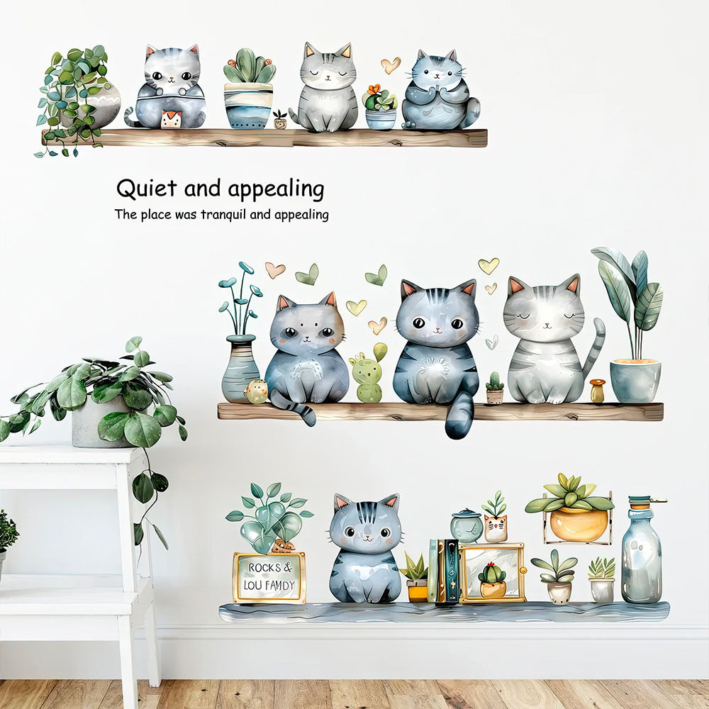 Chatons Kawaii Sages sur Etagères Entre Succulentes et Coeurs Autocollant