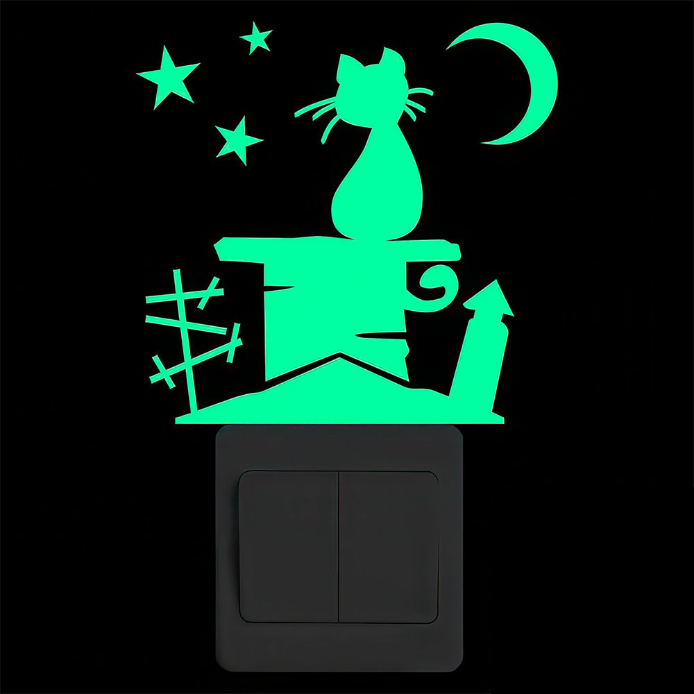 Chat sur une Cheminée Lune et Etoiles Sticker Fluorescent et Ludique