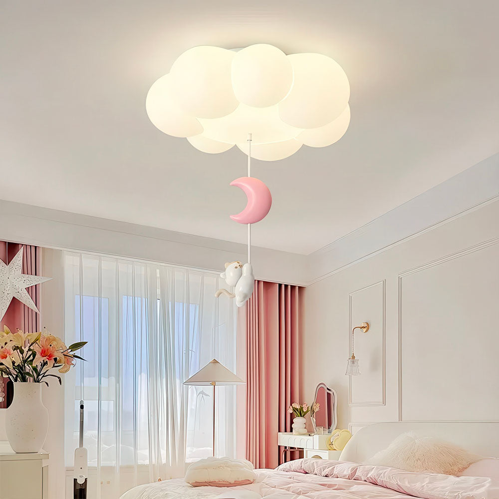 Adorable Chaton Blanc Suspendu à une Lune Rose Lustre Nuage