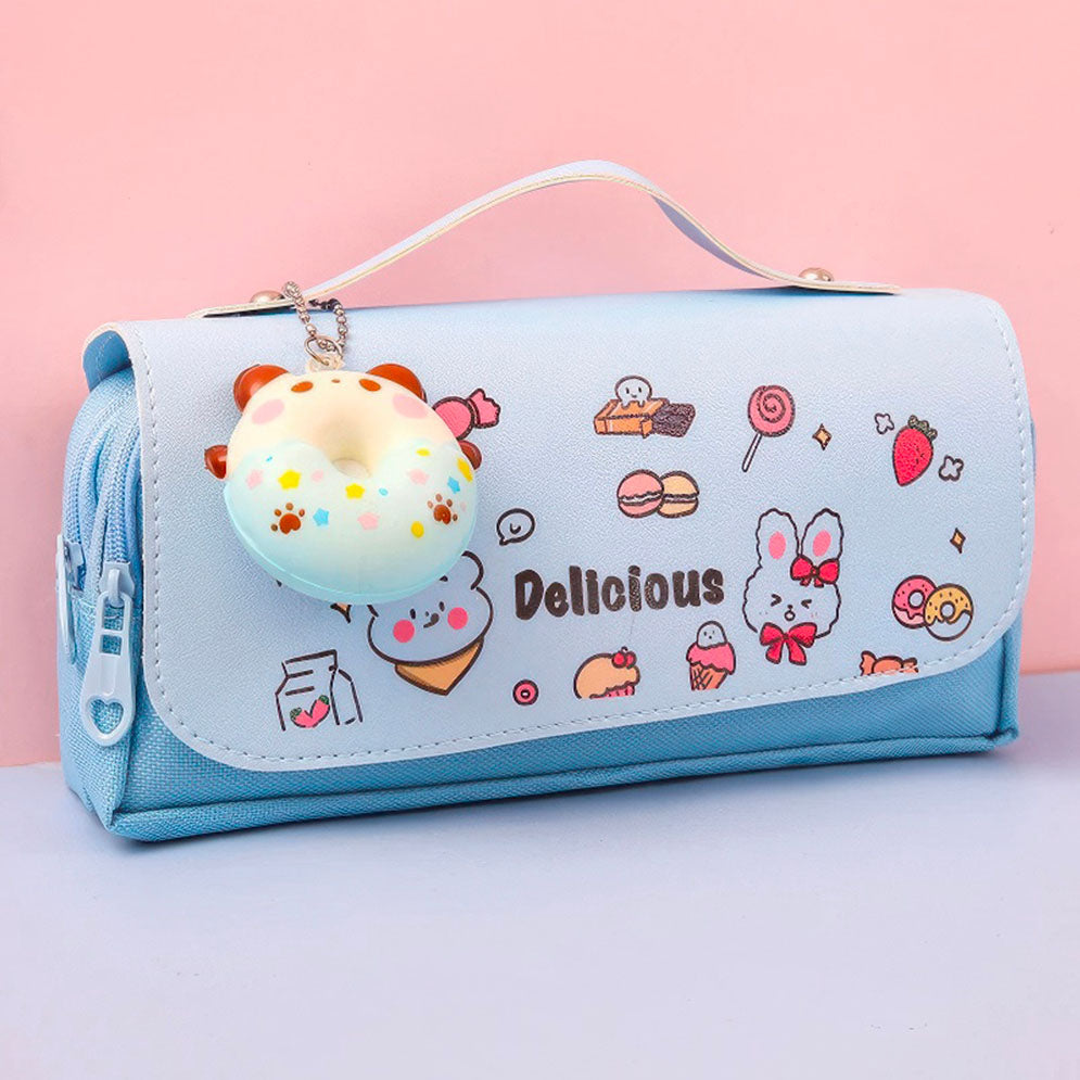 Trousse d'Ecole Chat Pendentif et Graffitis pour Fille et Ado Grande Taille Bleue
