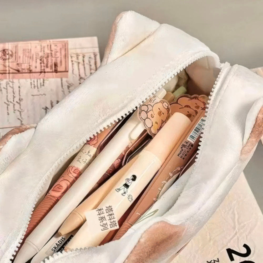 Trousse pour Enfant Chat Revêtement Doux, Fermeture Eclair, Blanche et Marron