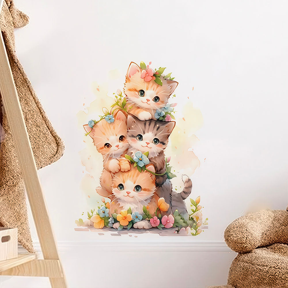 Autocollant Chatons Kawai et Fleurs pour Chambre