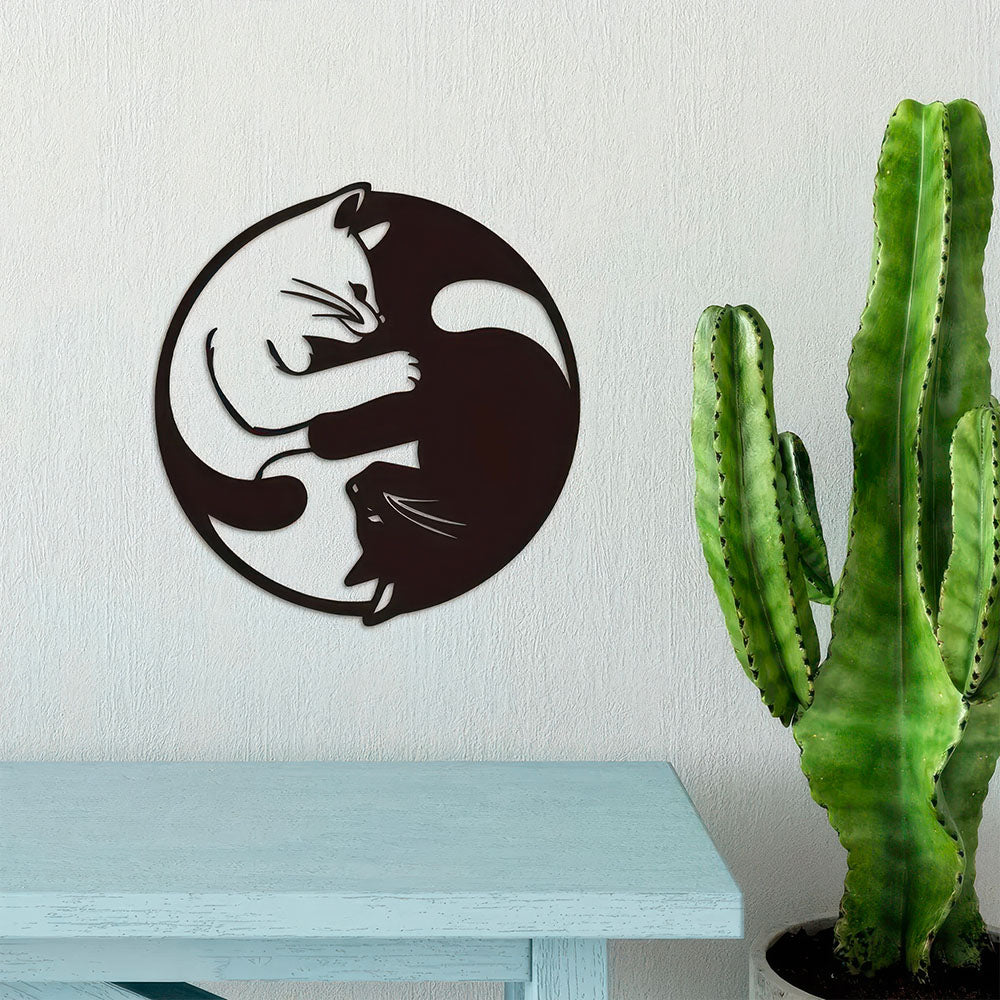 Plaque Décoration Murale en Métal Motif Chat Enlacés Ying et Yang