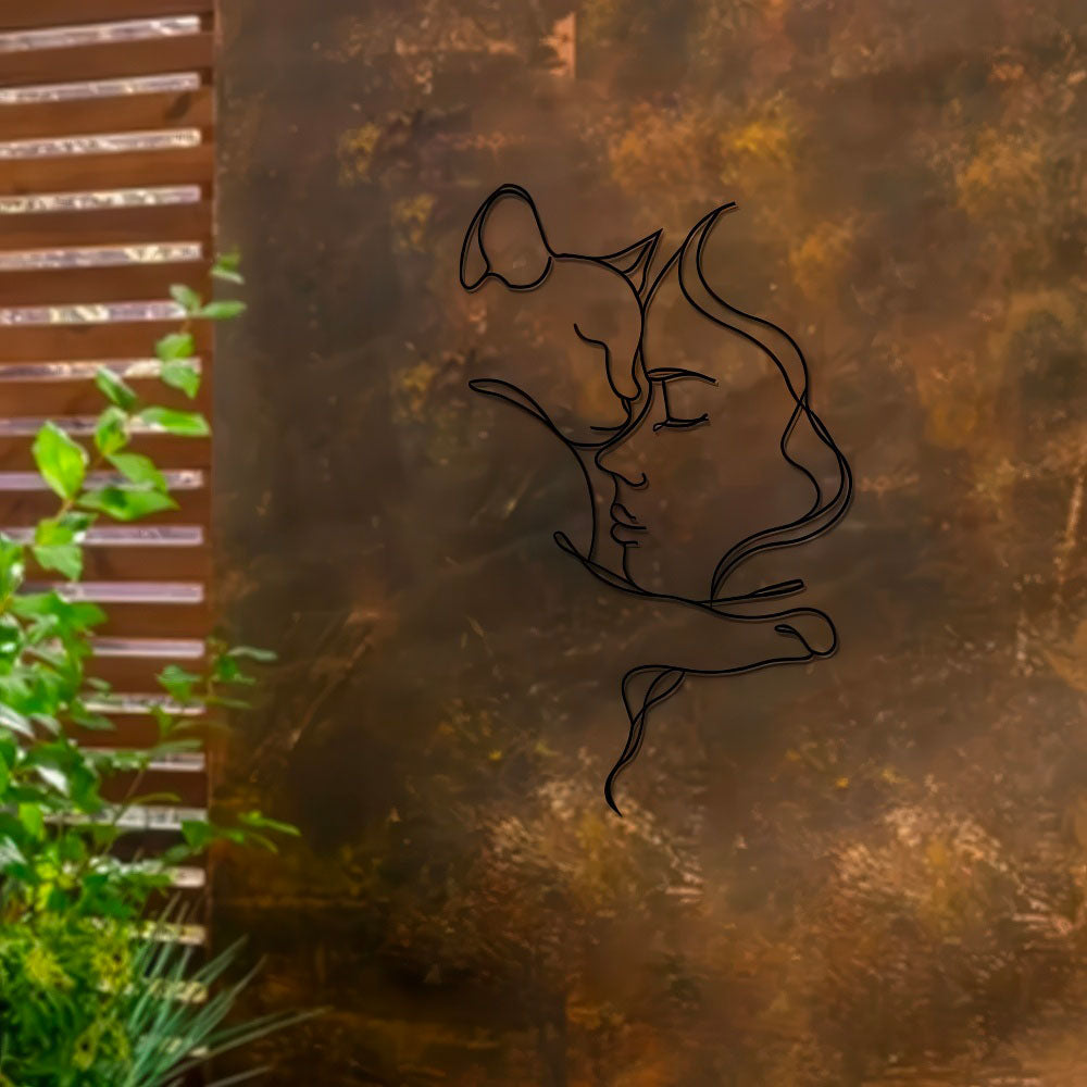 Tendre Calin Chat et Femme Décoration Murale en Métal Noir