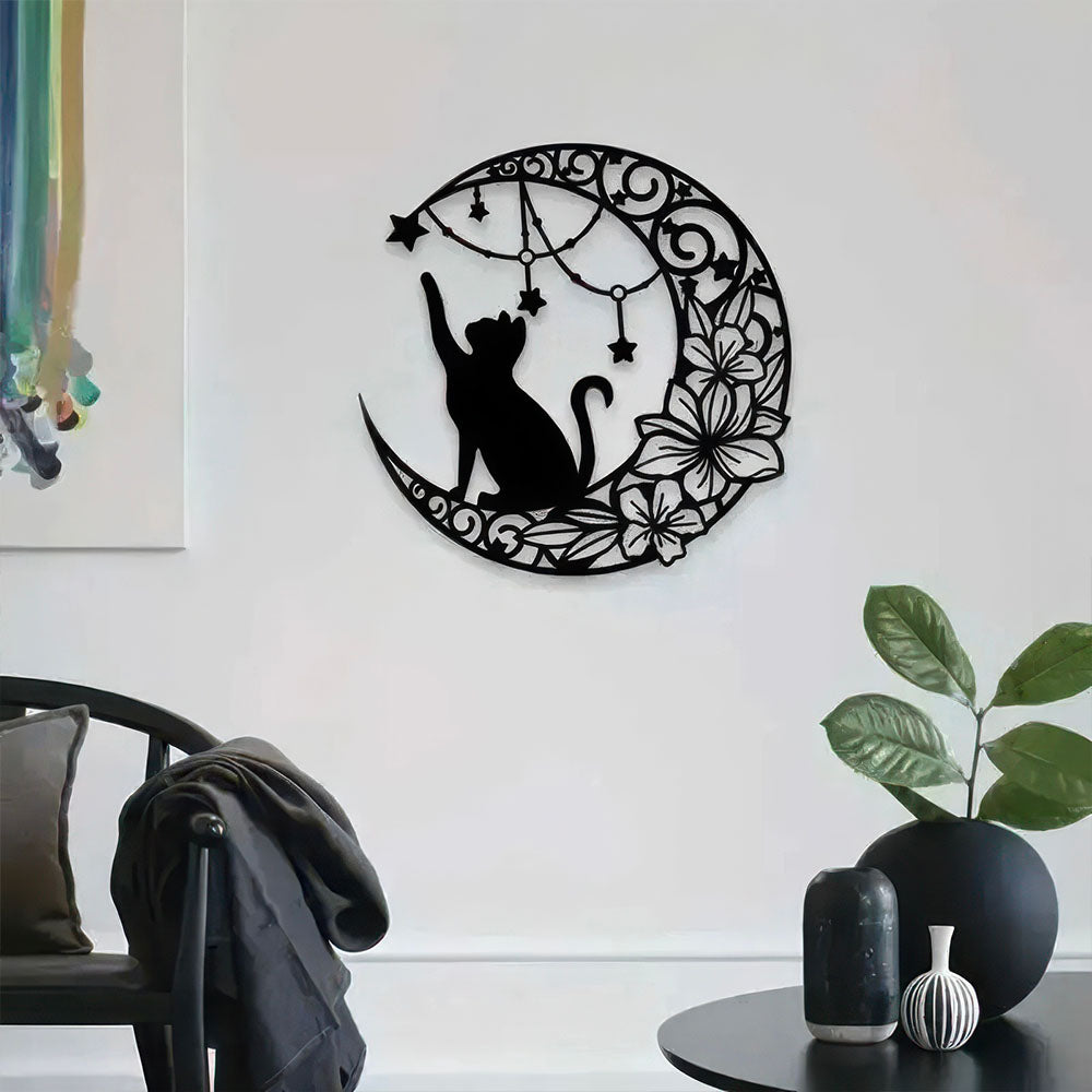 Chat Noir Sur Lune pour Décoration Murale en Métal