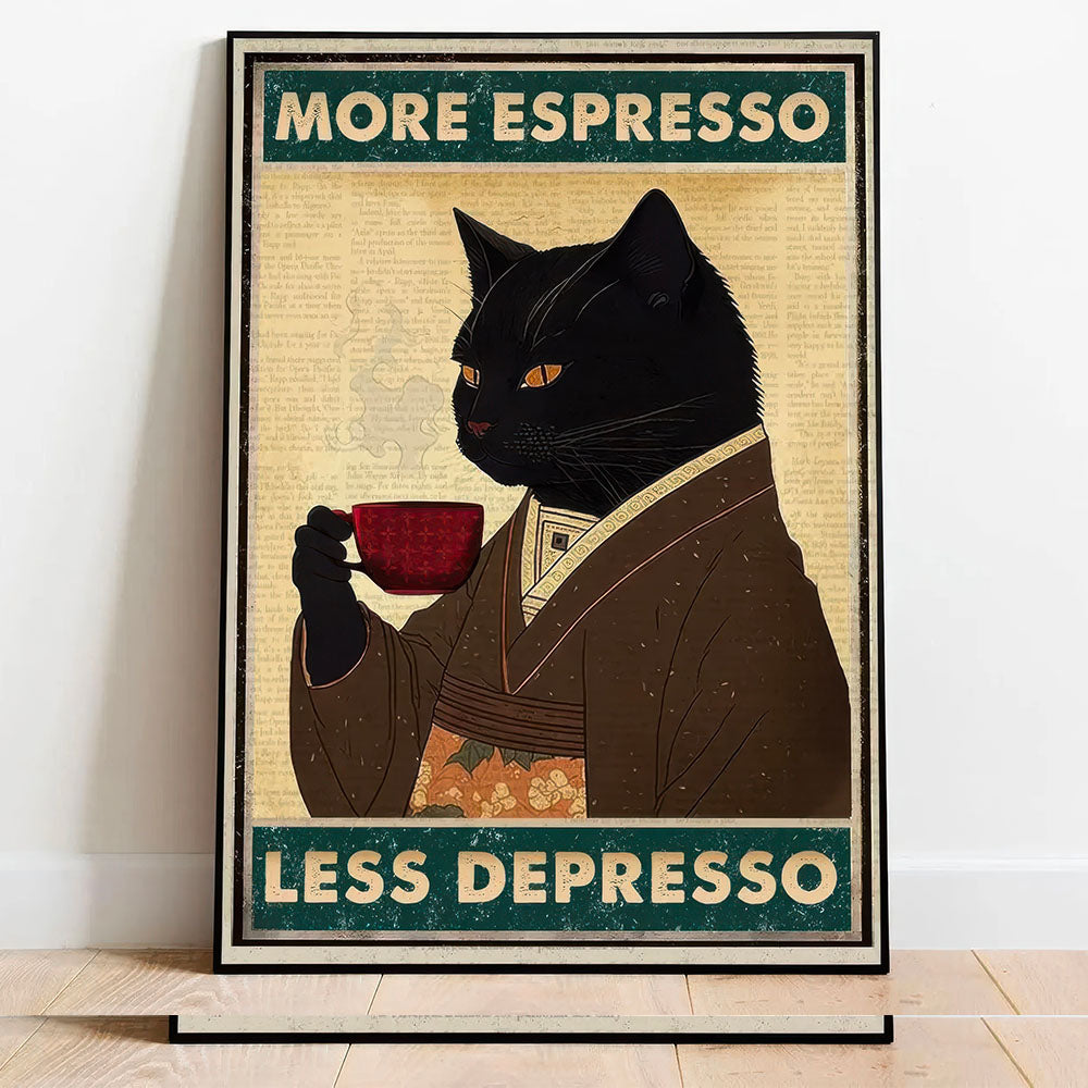 Plaque pour Décoration Murale Motif Chat Noir qui Boit son Café, en Métal