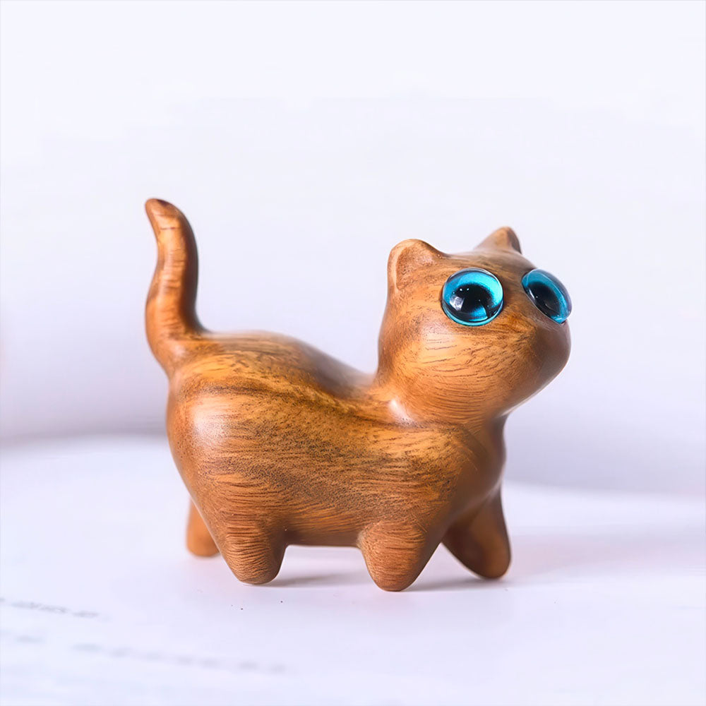 Chaton Sculpté dans du Bois Clair Yeux Bleus Petite Figurine