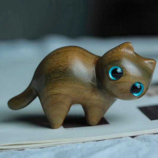 Petite Figurine en Bois Chaton Yeux Bleus