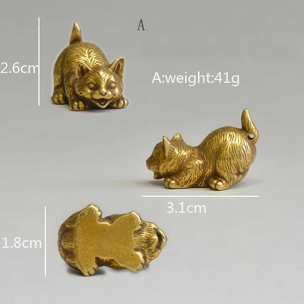 Statuette Chaton à l'affût en Cuivre Pur Artisanale