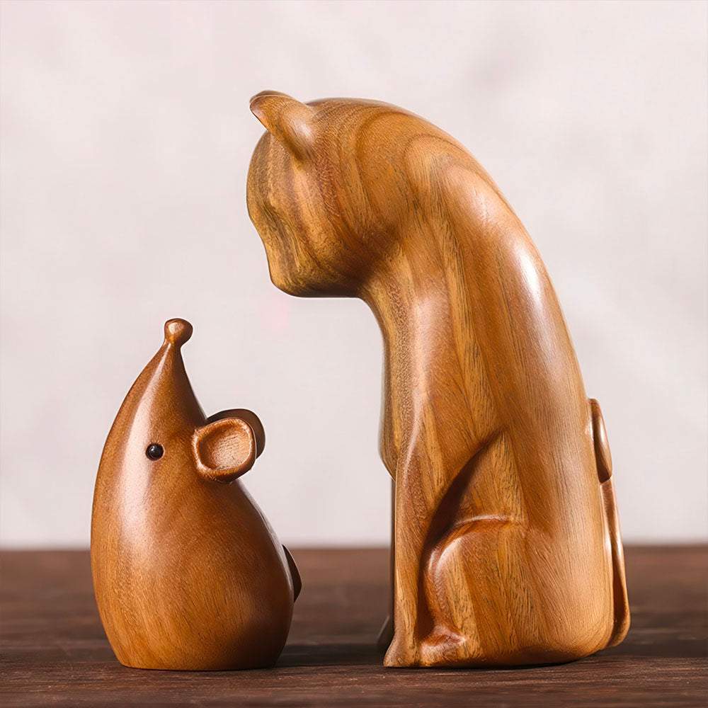 Sculpture Miniature Bois Clair Verni d'un Chat et d'une Souris