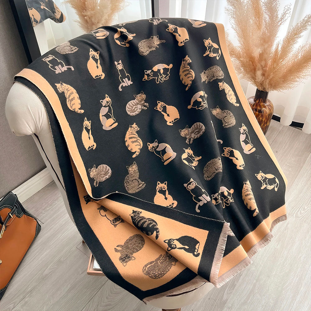 Foulard Motifs Chats Imitation Cachemire epour Femme Jaune et Noir Rectangulaire, avec Franges