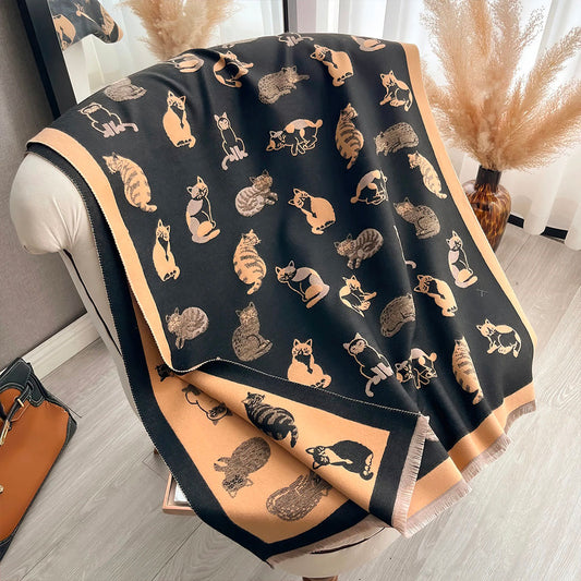 Foulard Motifs Chats Imitation Cachemire epour Femme Jaune et Noir Rectangulaire, avec Franges