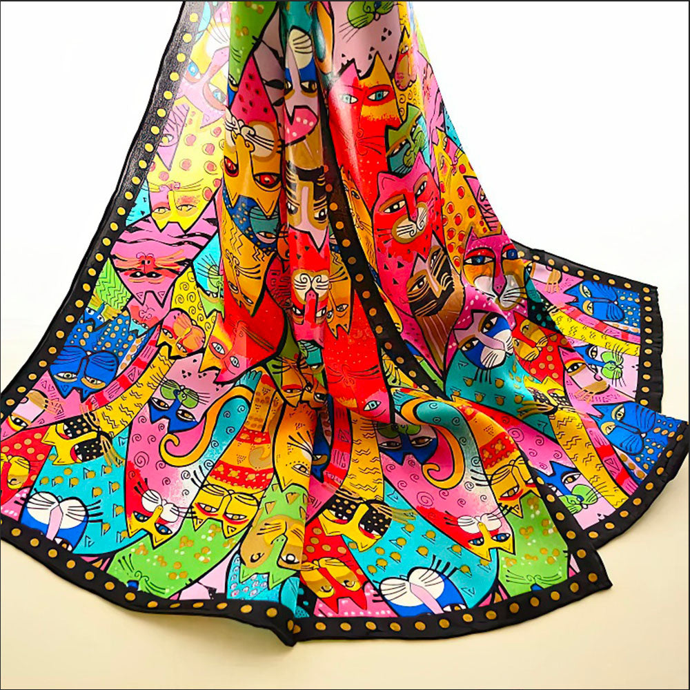 Long Foulard en Soie Naturelle pour Femme Imprimé Chats Kawaii