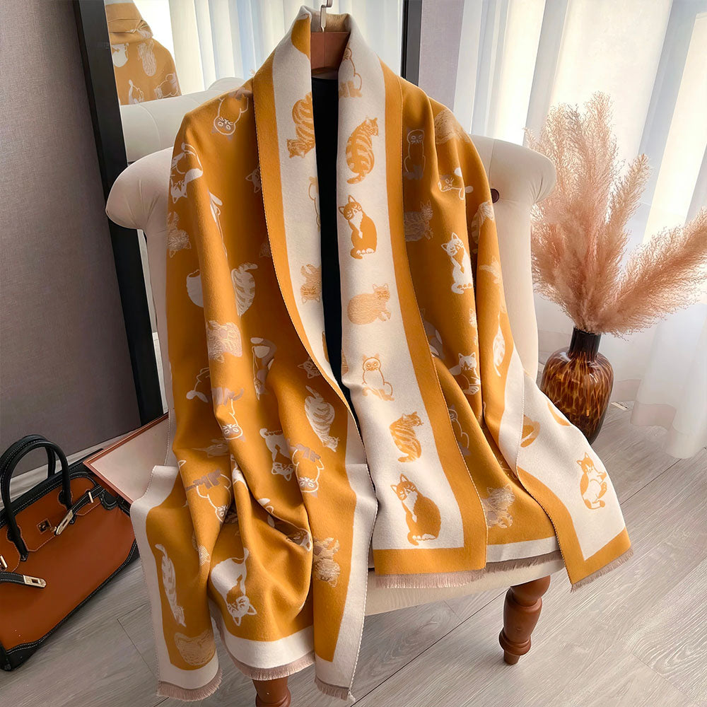 Foulard Motifs Chats Mignons, Jaune et Blanc pour Femme Imitation Cachemire
