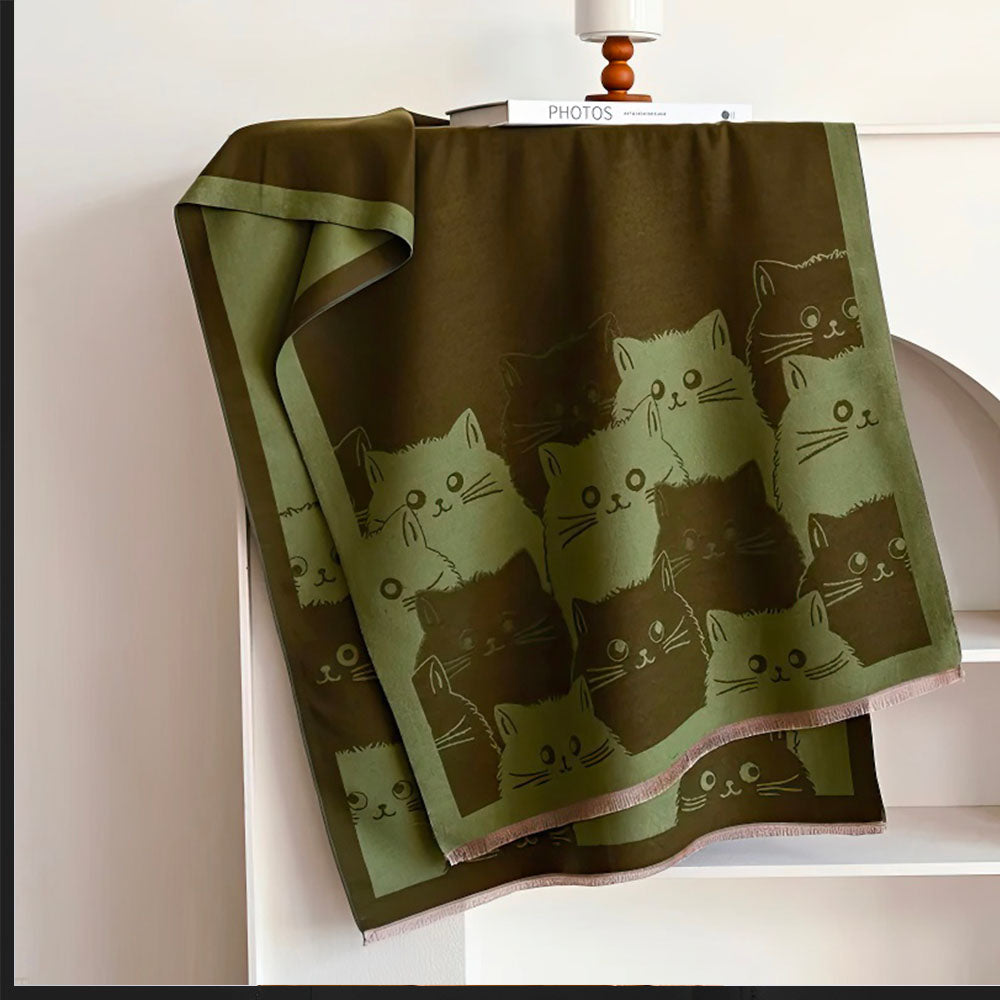 Foulard Imprimé Chats Mignons Vert et Marron à Franges Délicates pour Femme
