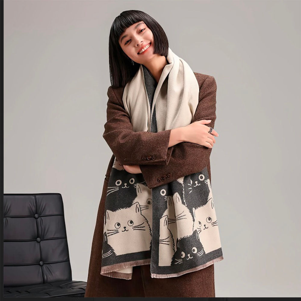 Grand Foulard Femme Motif Chaton Adorables Gris et Blanc à Franges